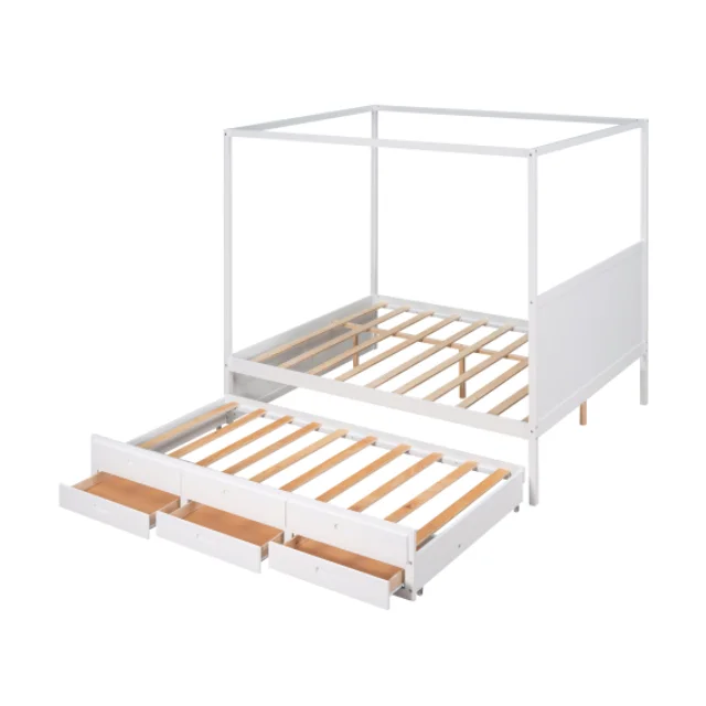 Size Canopy Platform Bed with Twin Size Trundle and Three Storage Drawers, White for Kids OEM Supplier from Vietnam