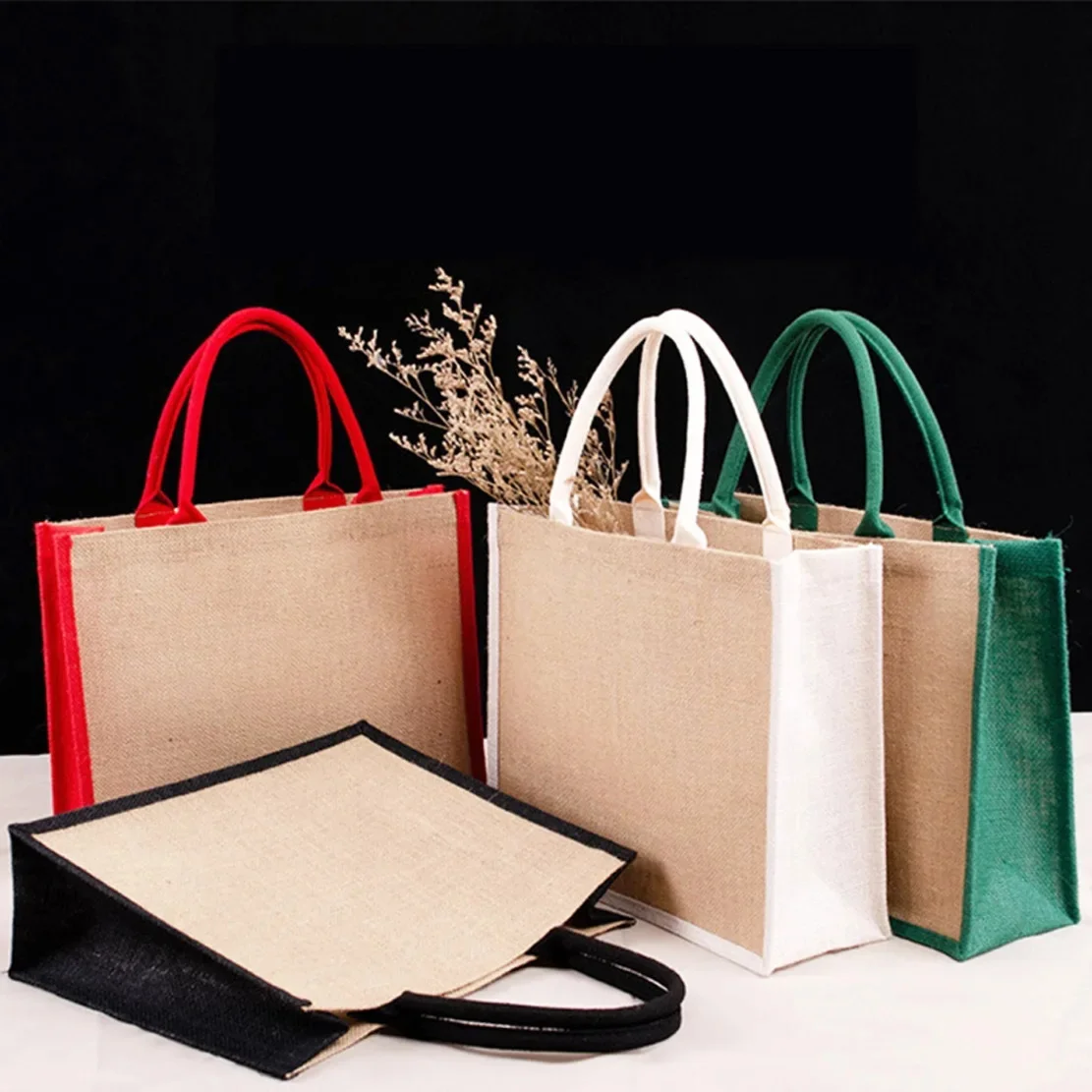 Wholesale Custom Logo Eco Friendly Advertising Gift Burlap Tote Bag Color Block Blank Jute Shopping Bag