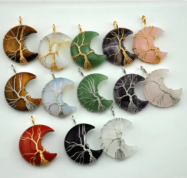Wire Wrapped Moon Pendant Tree of life Chakra Jewelry Pendants Amethyst Rose Chakra Crystal Gemstone Necklace