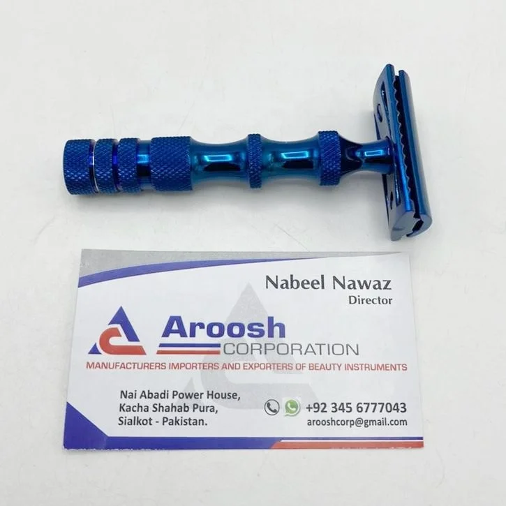 Plasma Blue Titanium Stainless Steel 3 Piece Double Edge Safety Razor For Men Shaving Kit