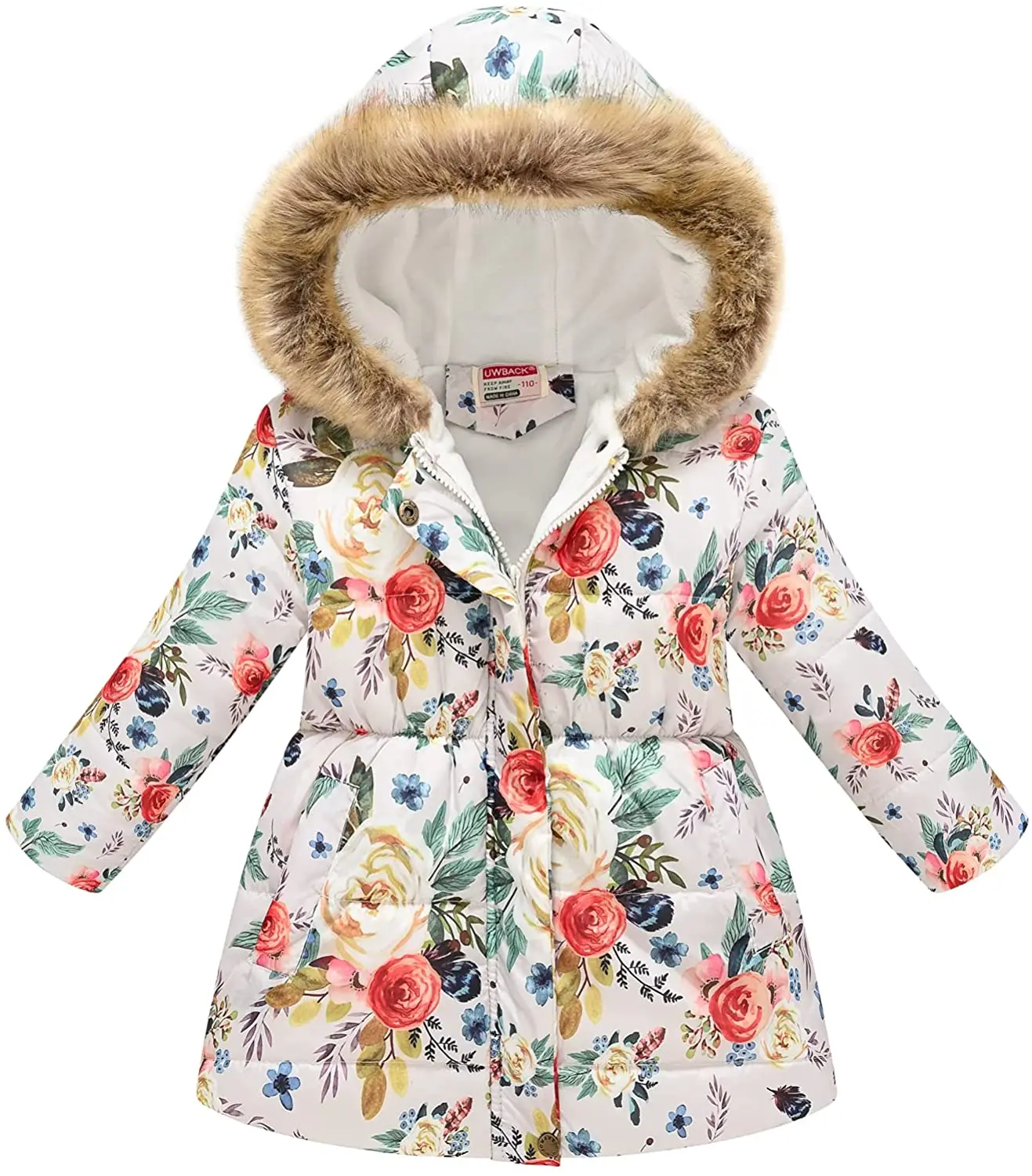 custom Wholesale OEM high quality full print kid winter coat girl with fur at hood waterproof windproof girl thick winter coat