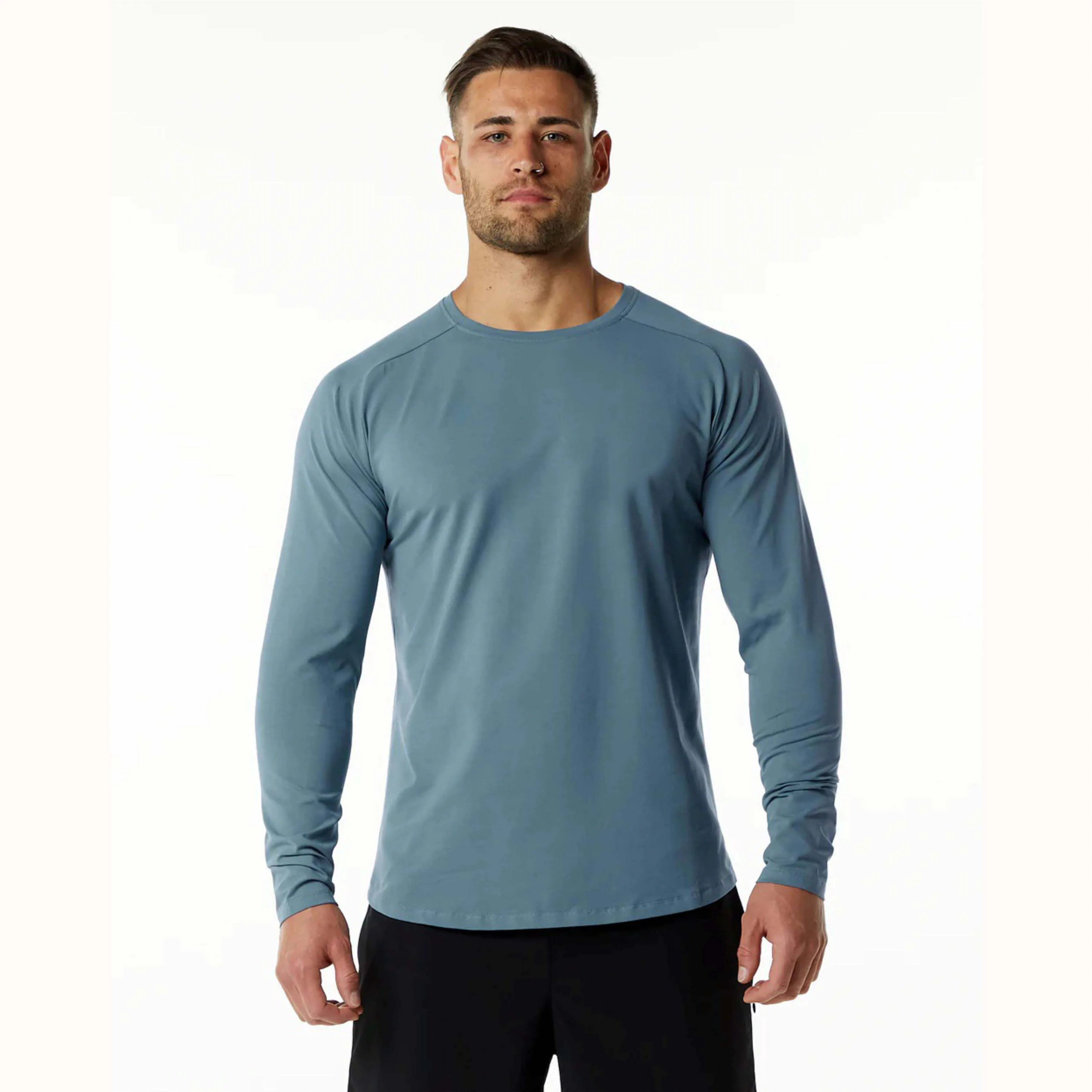 94% Cotton 6% Spandex Saddle Sleeve Cut Tapered Fit Crew Neck Scoop Hem Atlantic Blue Mens Fitted Performance Long Sleeve T-Shir