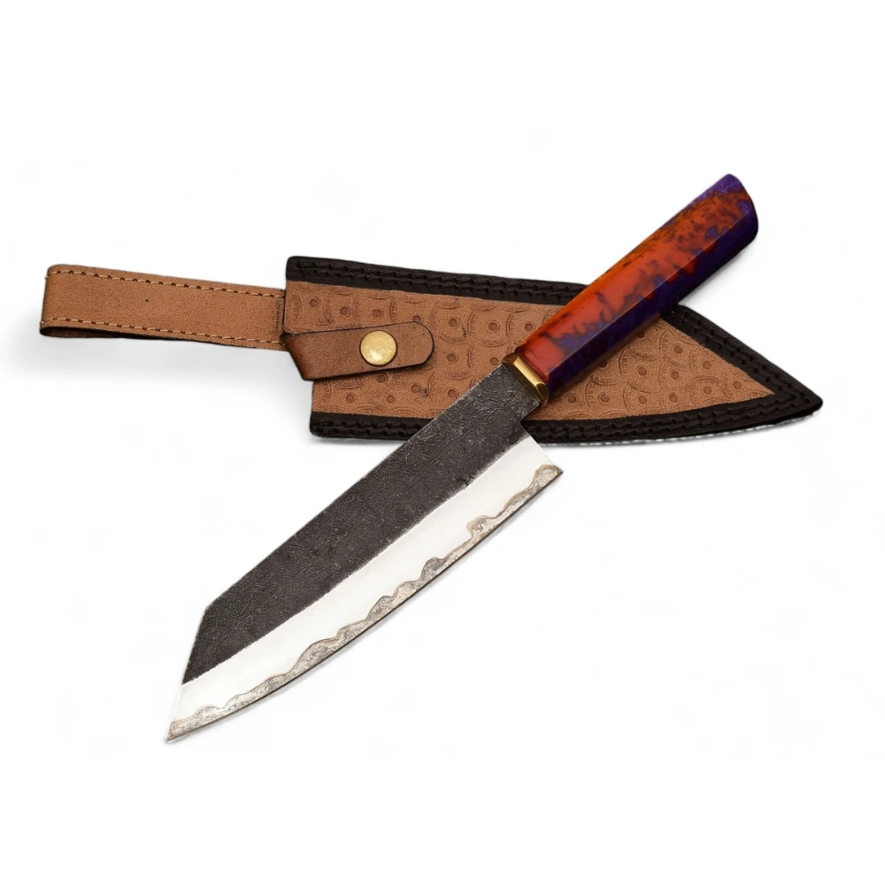 Handmade Custom 8-inch Damascus Steel Blade Kitchen Chef Hunting Knife Resin Handle and Leather Sheath Best Gift for Him Her