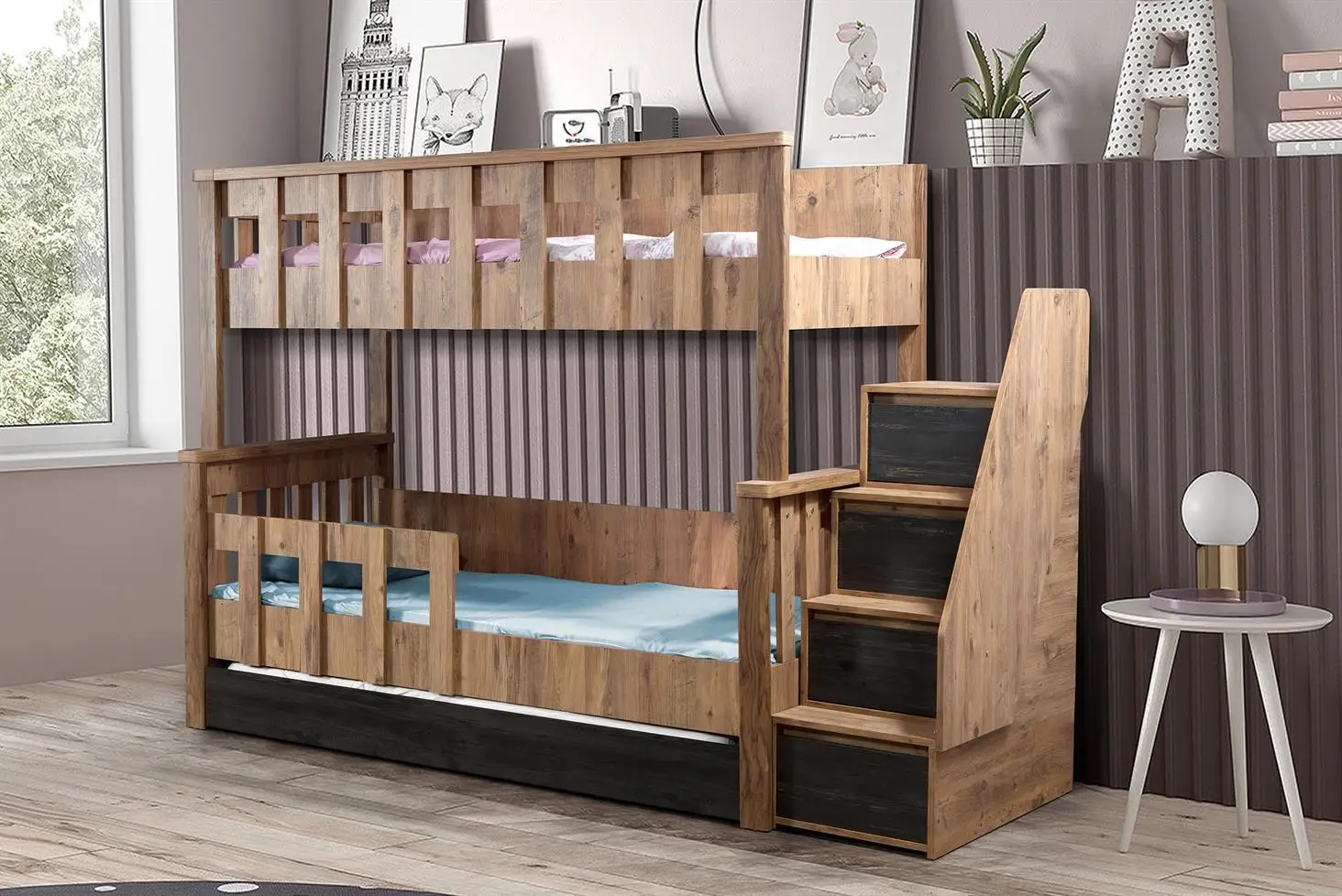MDF solid wood kids bunk bed bedroom furniture boys bunk bed with stair case wardrobe Kids Wooden Bunk Bed For Kids With Desk st