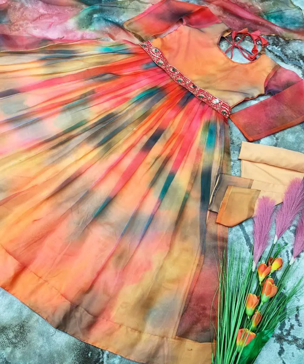 Latest design beautiful orange color embroidery work border long gown with dupatta for Indian women in ethnic garment