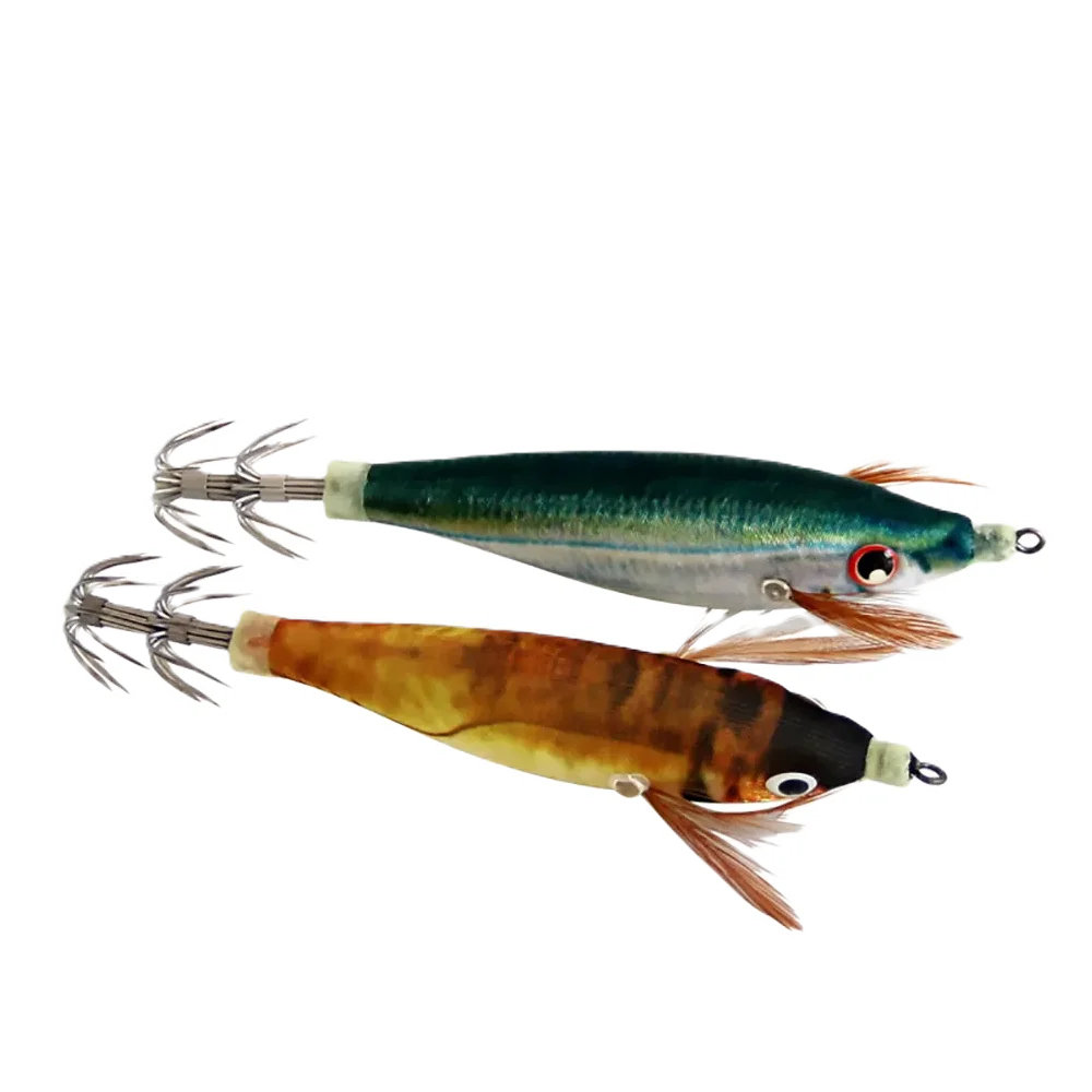 Double Layer Hook Artificial Bionic 9g 10cm Sinking Plastic Wood Shrimp Fishing Lures Luminous Squid Jig with 14 Piece/Box
