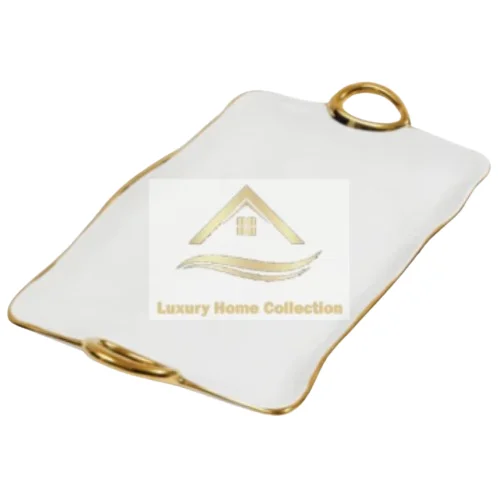 Metal Tray White Powder Coated With Gold Plated Large Rectangular Centerpiece Home & Kitchen Decorative Tray