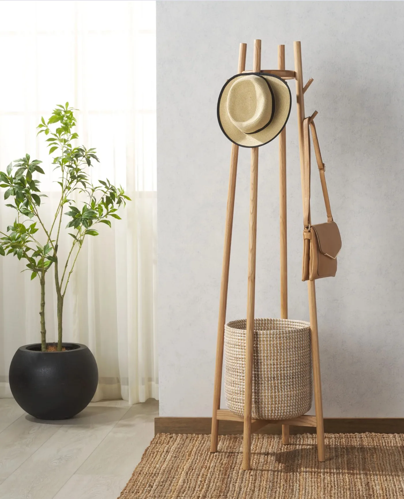 Minimal Traditional Design Wooden Coat Rack With Rattan Wicker Storage Basket For Home and Hotel Furniture