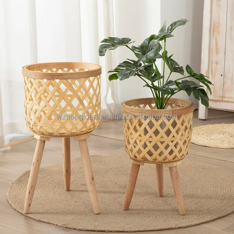 Antique Indoor Outdoor Bamboo Flower Pot Rattan Planter With Metal Stand Large Wooden Flower Pot For Home Decor