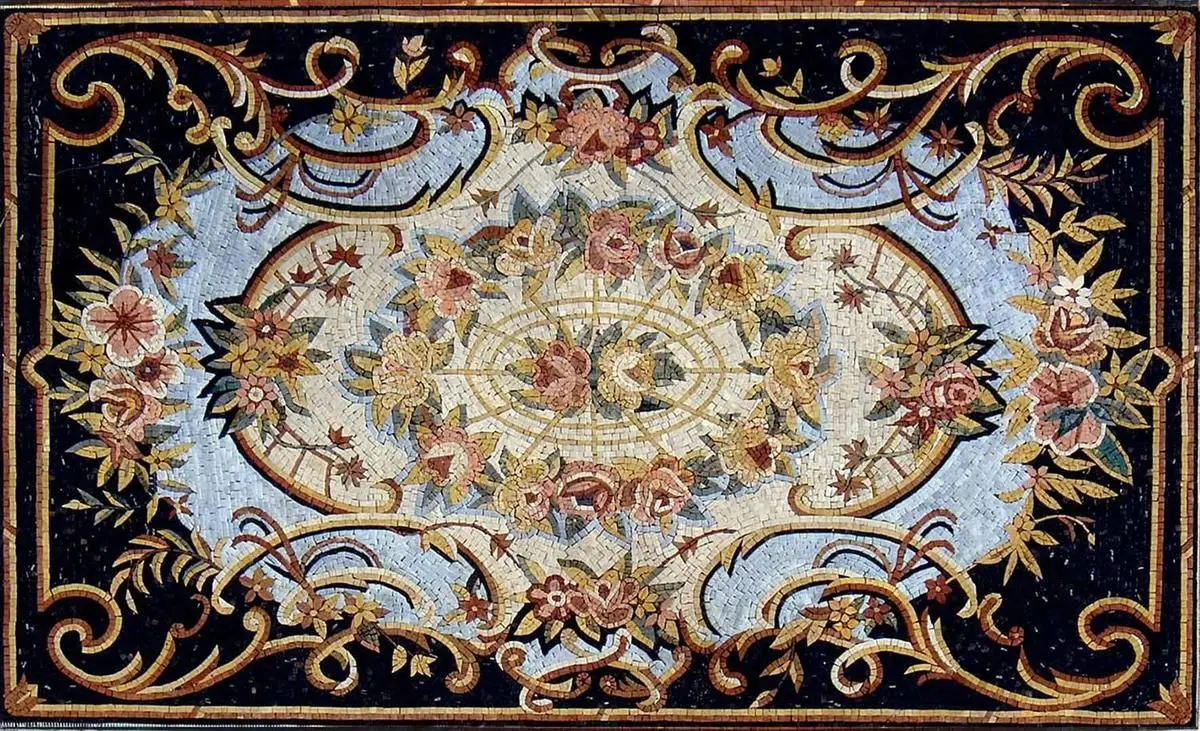 Black Marble Stone Inlaid Antique Theme Exclusive Marquetry Inlay Dining Table Top