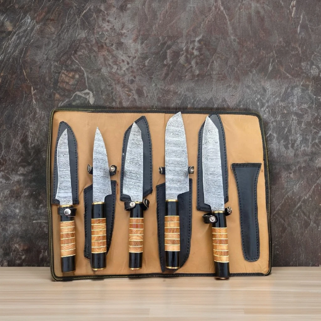 New Design Japanese Style 5-Piece Damascus Steel Chef Knife Set 8-Inch Sharp Blades for Kitchen Use for Food Professionals