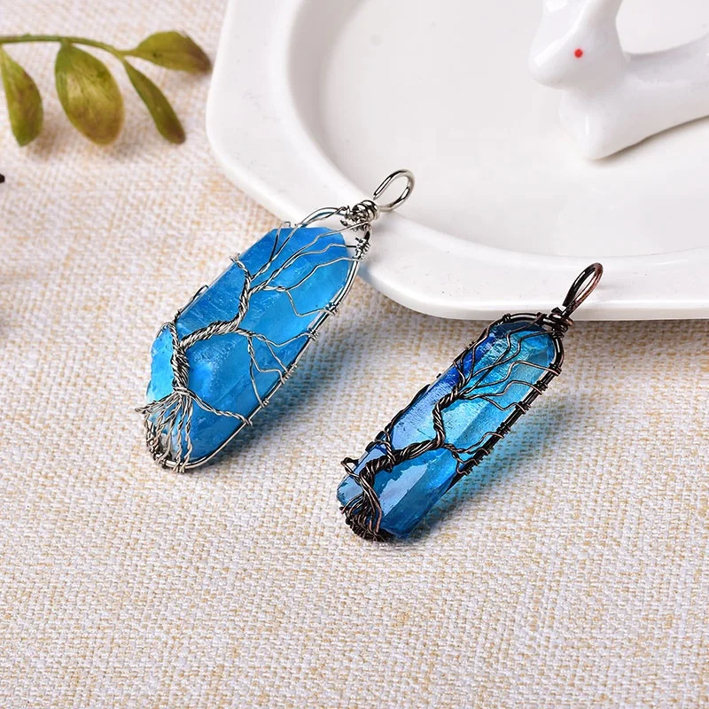 Natural Crystal Stone Pendant Tree Of Life Blue Mineral Fashion Simple Gemstone Jewelry For Men Women Handmade Amulet Necklace Necklace