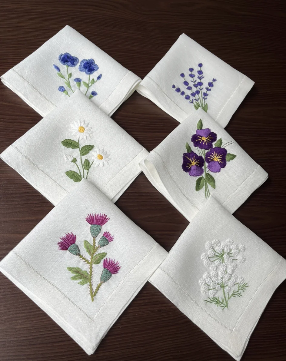Hand Embroidered Flower Linen Cloth Napkins Set Luxury Wedding Cocktail/Tea Coasters set of 6