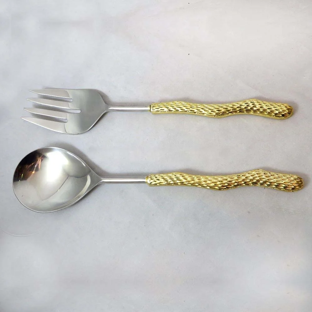 Royal Gold Modern Design Spoon & Fork Gold Mirror Polished Long Doted Handle stainless steel Spoon & Fork serving  set
