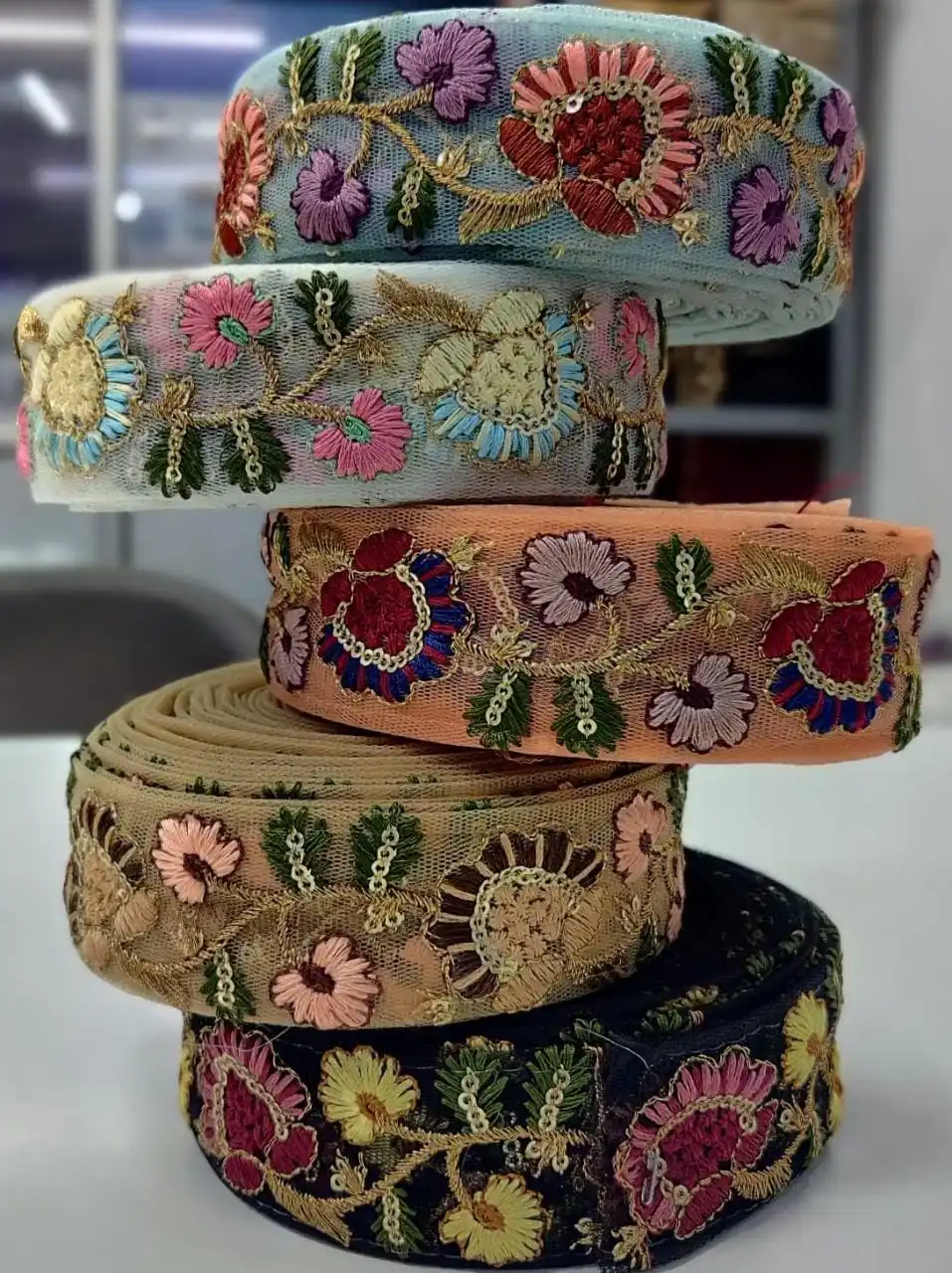 custom made embroidered thread work laces with multi coloured options in sequins embroidery in 1.5 inch width in floral design.