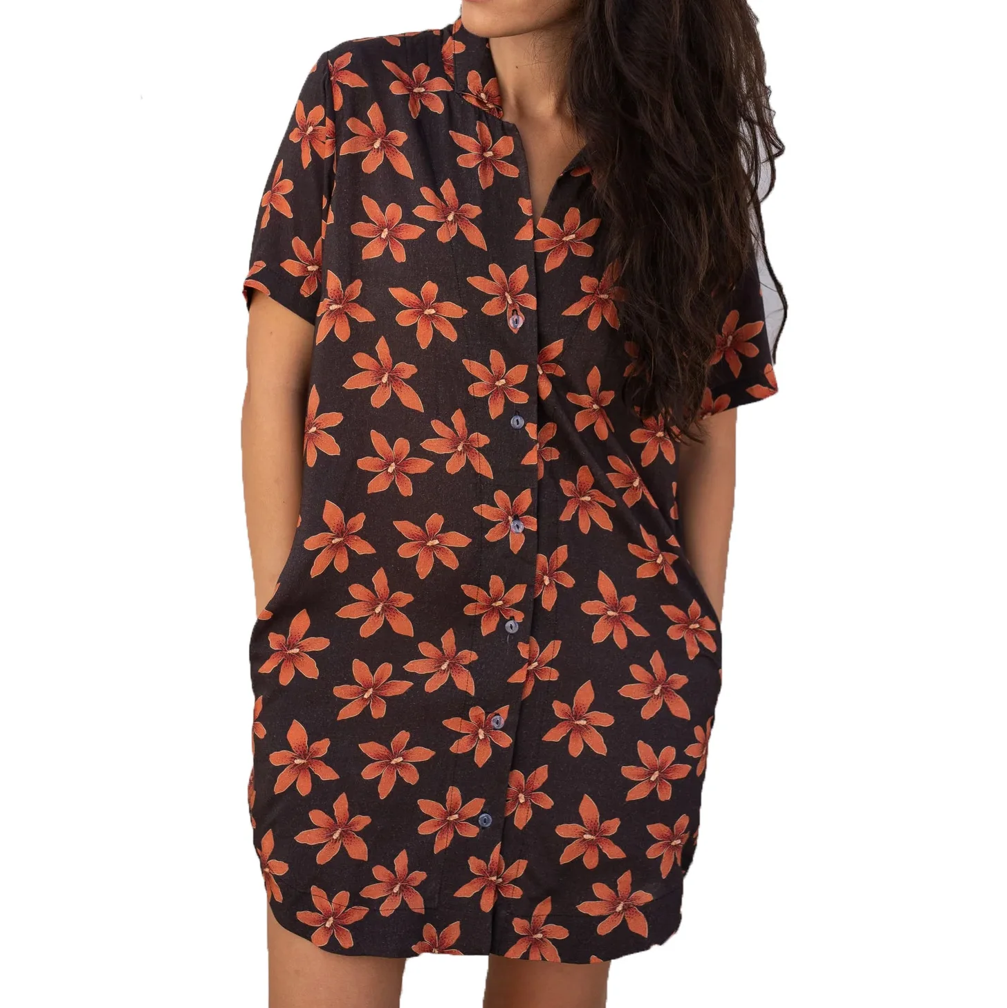 Hawaii Style Clothing Supplier Custom Pattern Print Button Down Dress With Pocket Custom Label T Shirt Dress
