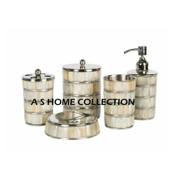 Hot Newly Product Set Pack Metal Stainless Steel Mother Of Pearl Inlay Bathroom Accessories Set Storage Basket Home Decorations
