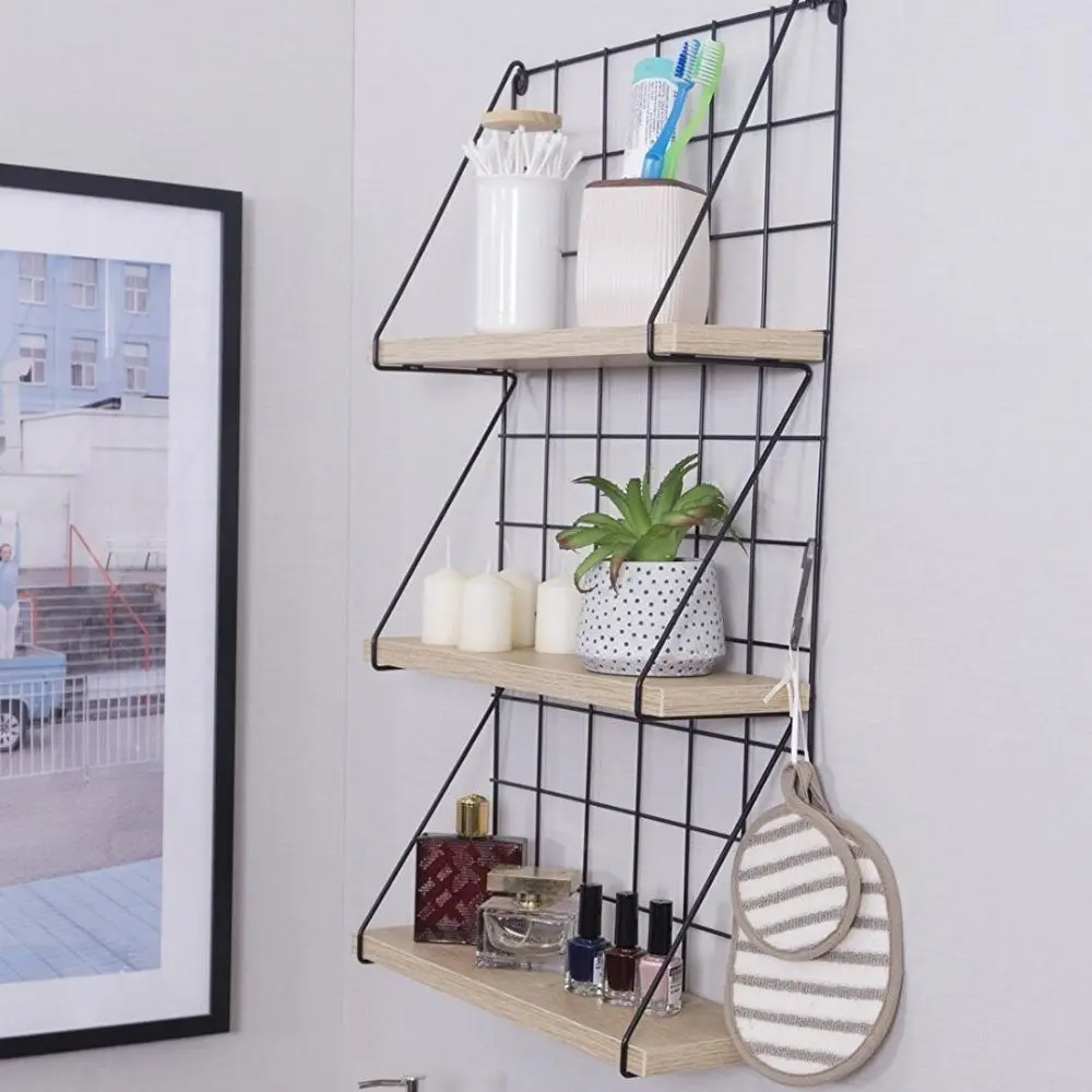 Metal Wooden 3 Shelves Wire Bathroom Wall Shelf Organizer Tier Wood Wall Shelf with Black Metal Hook