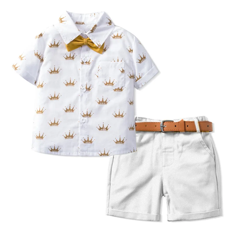 New Baby Boy Clothing Set Children Formal Suit Clothes 4pcs Crown Print Shirt Solid Shorts Kids Gentleman Set Bowtie