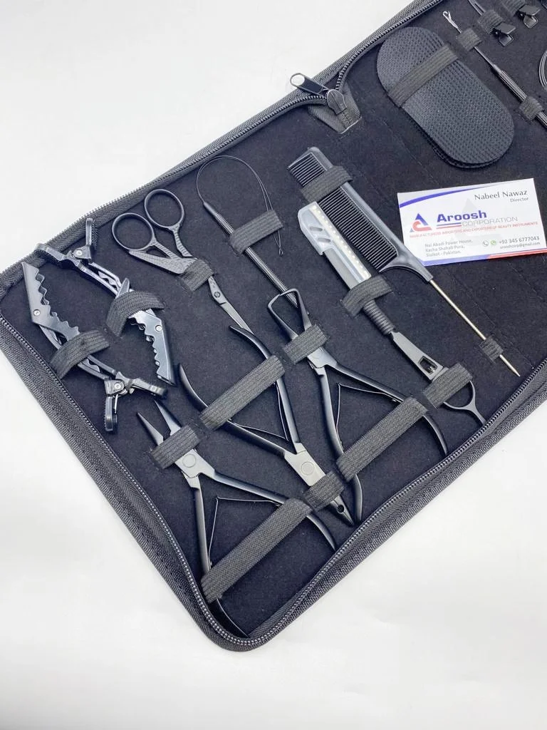 Black Hot Selling Wholesale Surgical Grade Stainless Steel Hair Extension Pliers With Micro Beads, Hair Gripper Tools Kit Set