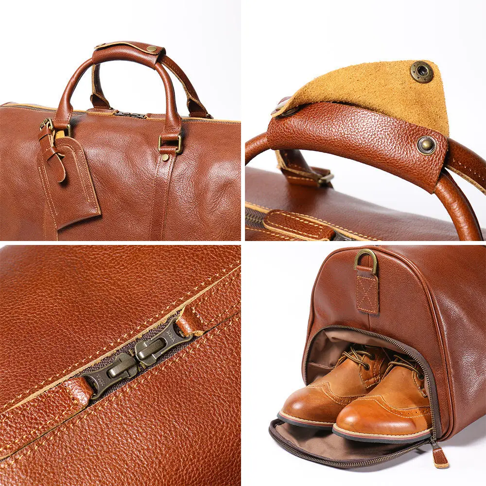 Genuine Leather Shoes Compartment Travel Overnight Duffle Bag Men Women | Custom Made Travel Genuine Leather Duffel Bags