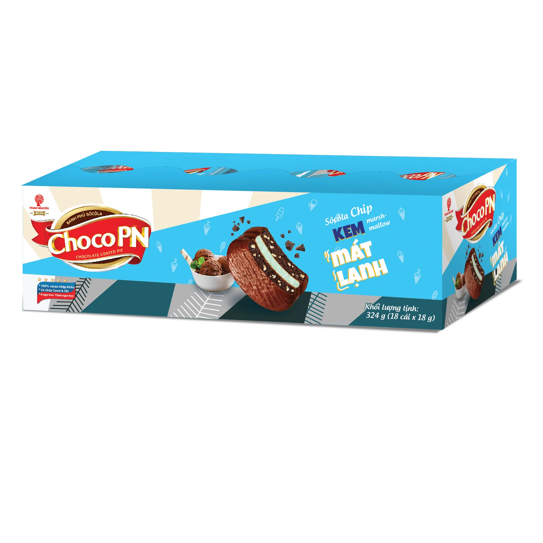Hot Selling 324g/Box Choco PN Tray Baked Goods Chocolate Coating Pie Chips Biscuits Egg Flavor Marshmallow Filling Packaged Bags