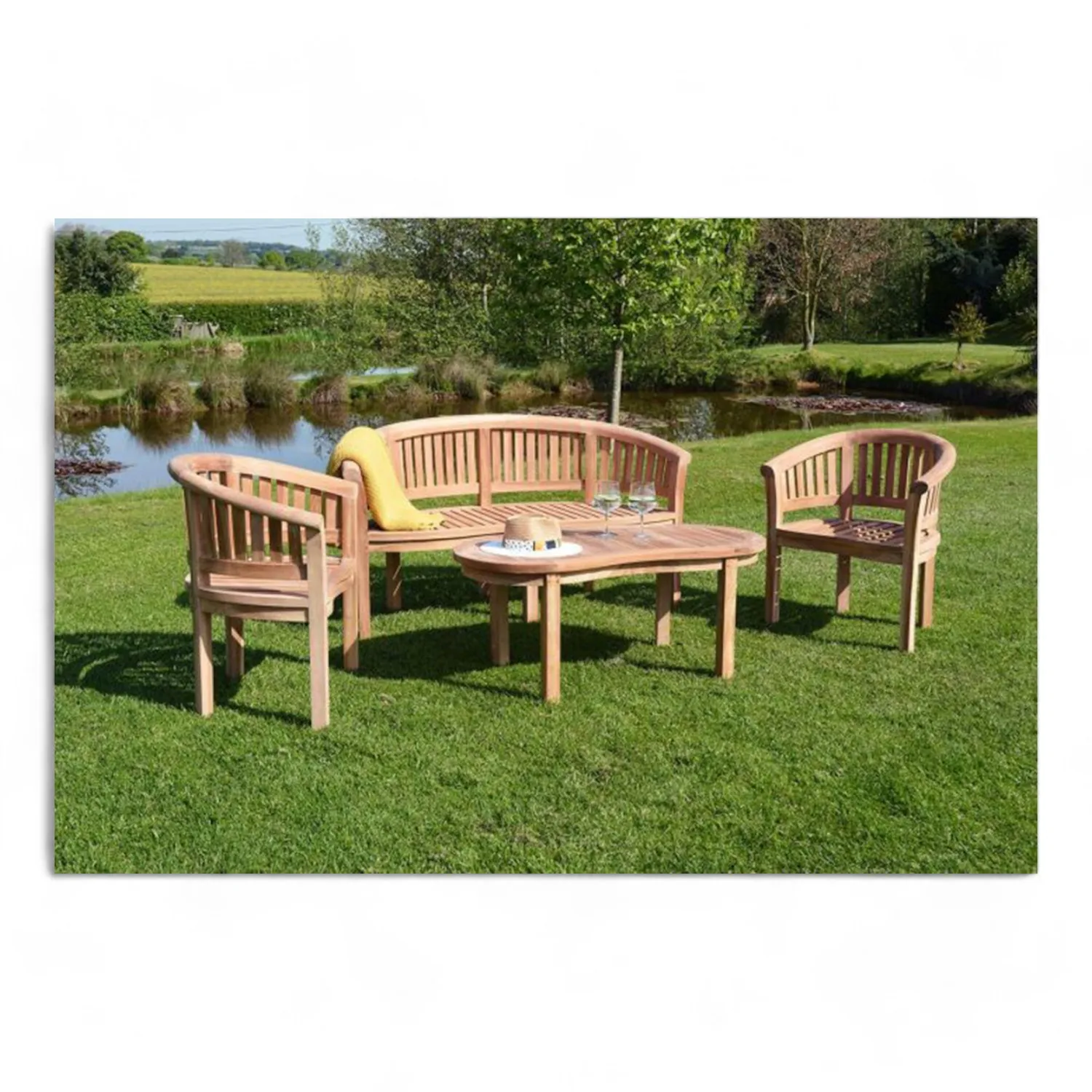 Coastal Indonesia Teak Wood Furniture Set for Outdoor Garden Balcony Dining Living Room Hotel-Includes Coffee Table Bench Set