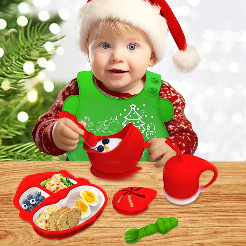 christmas suction cup silicone tableware silicone baby feeding sets baby plate spoons and forks tableware baby feeding set