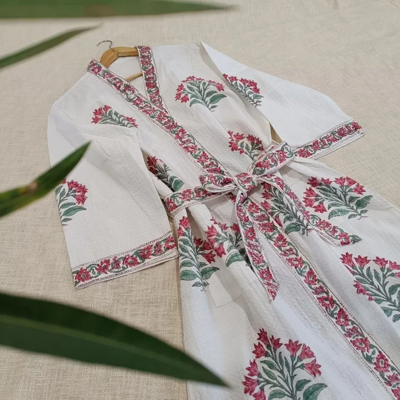 Cotton Waffle Spa Robe Classy Handmade Beach Cover up Super Absorbent Bathrobe Block Print Beautiful Bridesmaid Robes Robe