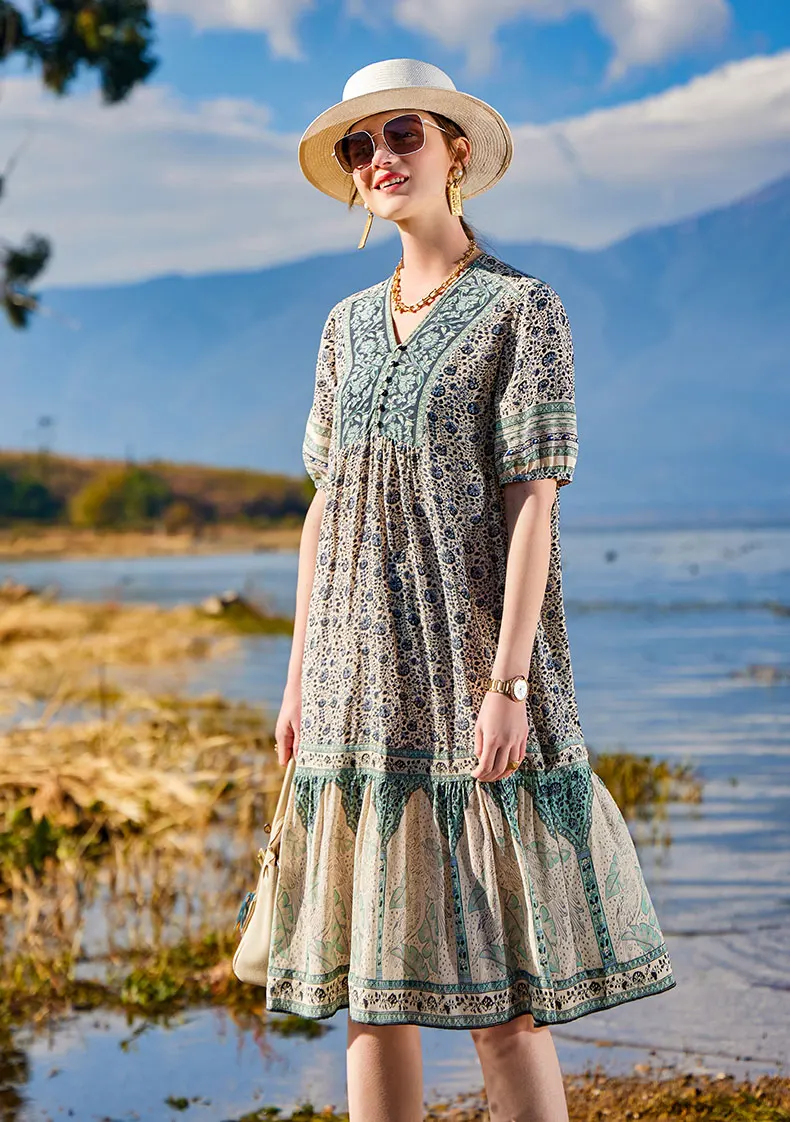 Wholesale bestseller floral blue dress for elegant lady