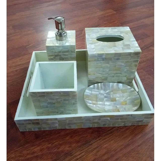 Mother of Pearl Bathroom accessories Tray Box Vase Dispenser Mother of pearl accessories set for Bathroom or washroom use