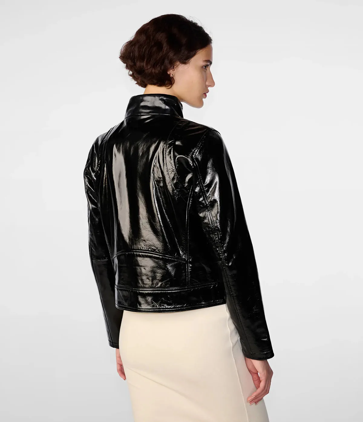 Black Shine Cropped Real Lambskin Racer Biker Style Leather Women Jacket with Stand Collar