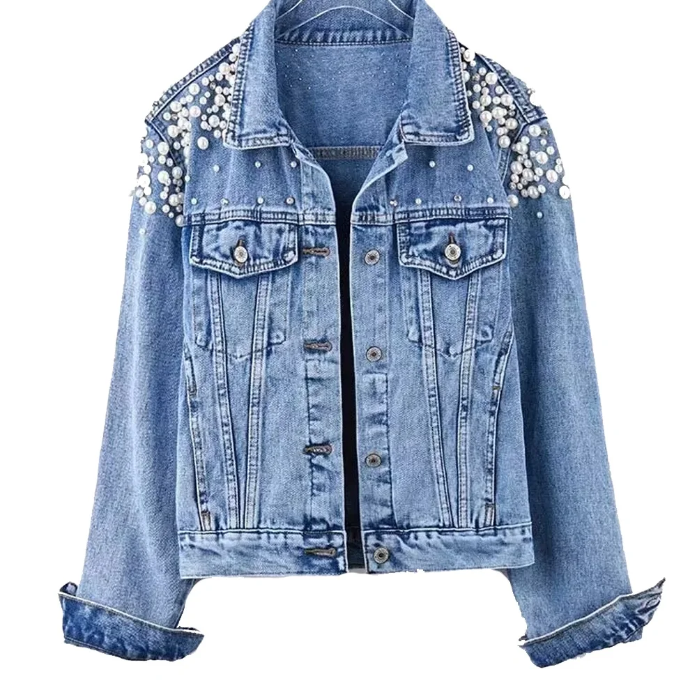 Custom Made 2023 Latest Design Stone Washed Denim Jacket With White Premium Pearls On Front And Back And Pockets
