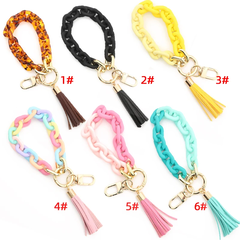 Women Colorful Acrylic Snake Chain Bracelet Keychain Wristlet Key Ring with Leather Tassel