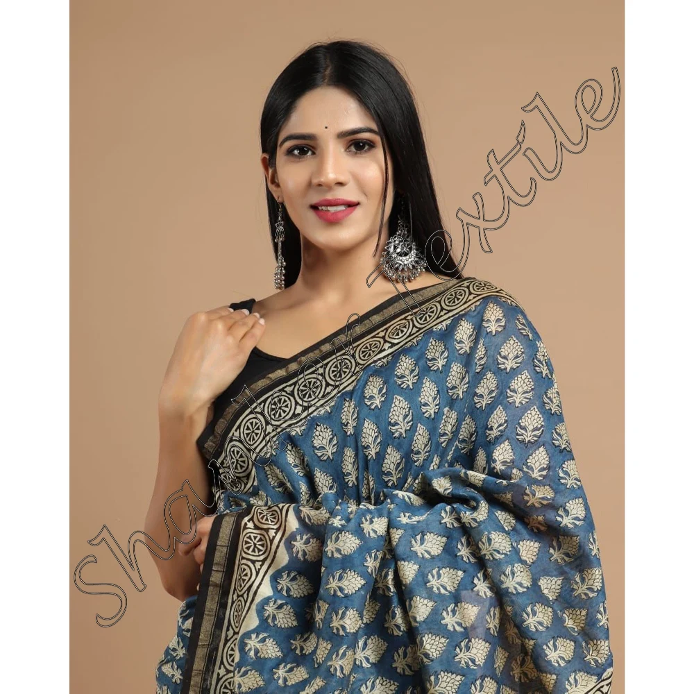 New Chanderi Silk Saree Indian with Blouse Block Printed for Woman Eco-friendly Adults India & Pakistan Wedding Dress Support