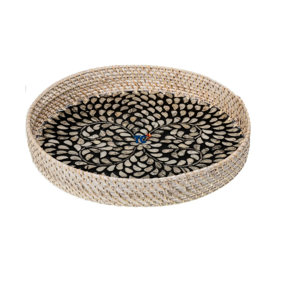 Home Decor Round Seagrass Rattan Serving Tray with Build in Handle Storage Decorative Weaving Trays From Thanh Cong Handicraft