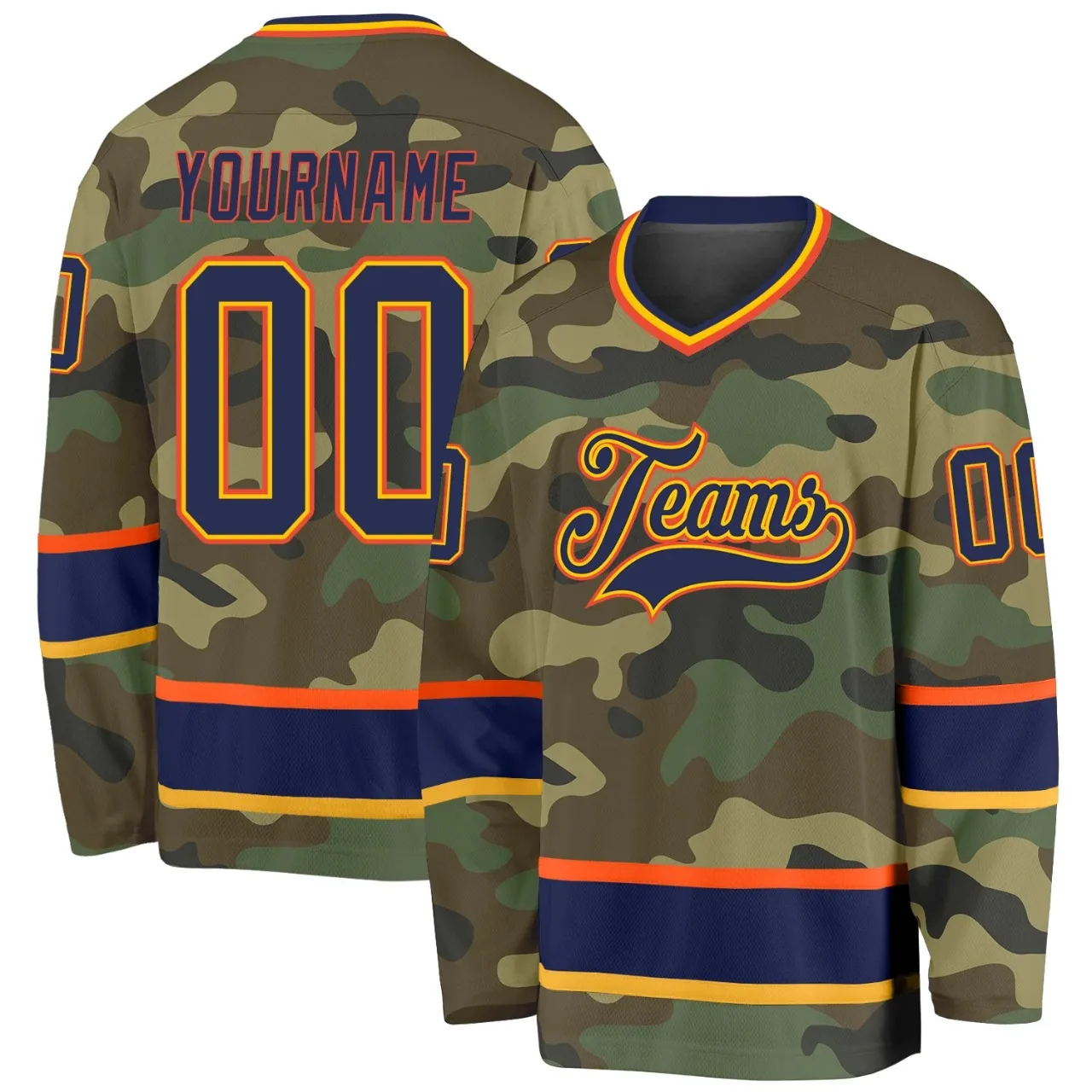 Factory manufacturing all kind sports uniforms offer Custom Camo Navy Orange Salute To Service ice Hockey Jersey