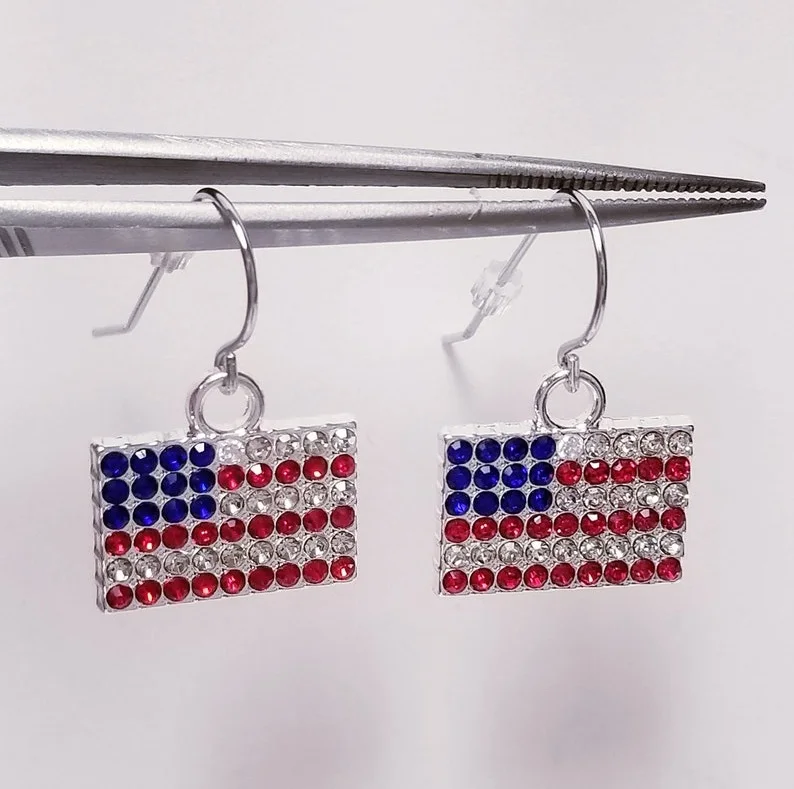 14K White Gold French Wire Hook American Flag Stars Stripe 0.60 CTW Multi Color CZ Diamonds God Bless America Earrings Stunning
