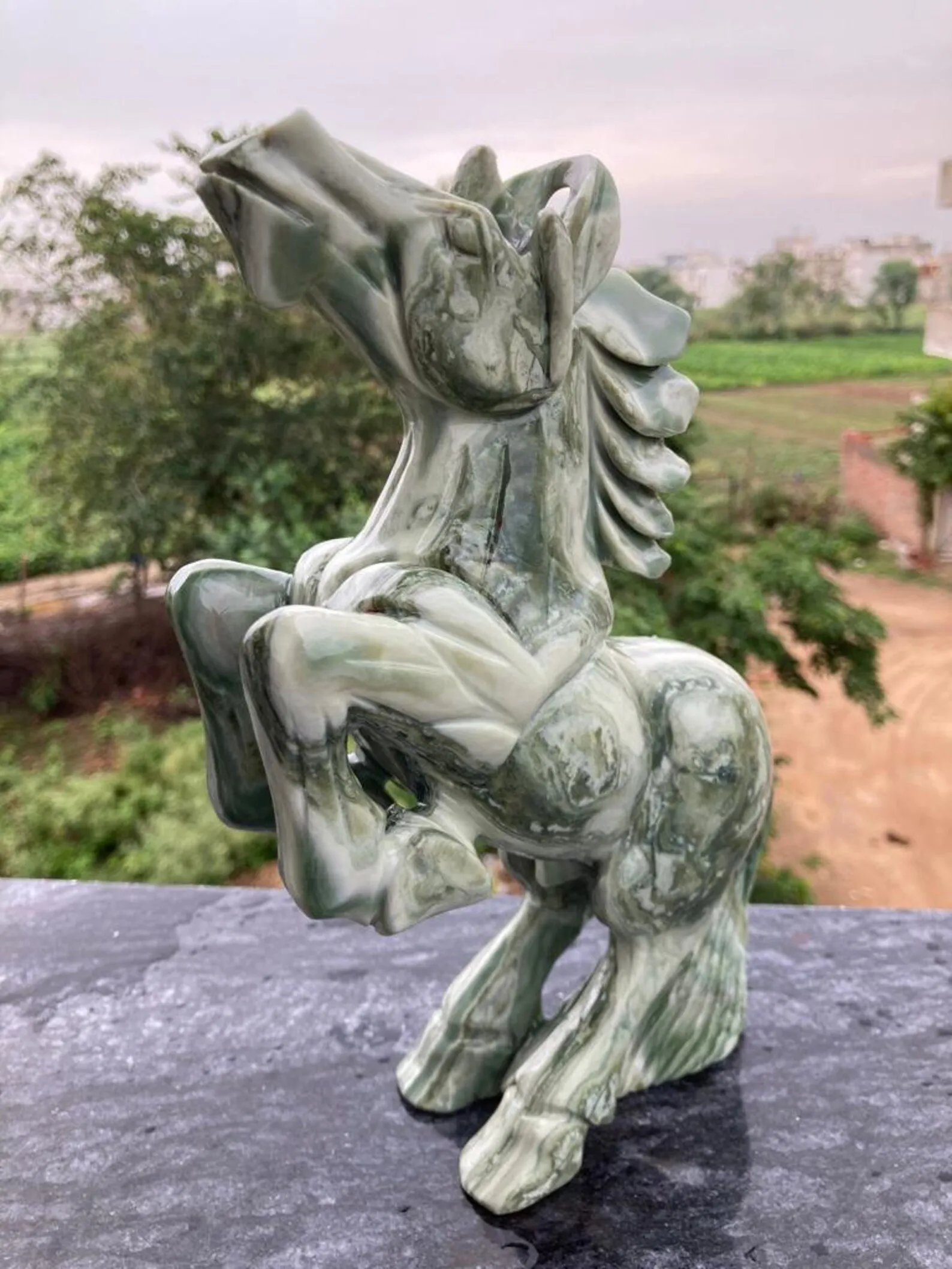 Stunning Serpentine Horse Statue Natural Crystal Carving Home Decor Heart Chakra Semi-Precious Stone Craft
