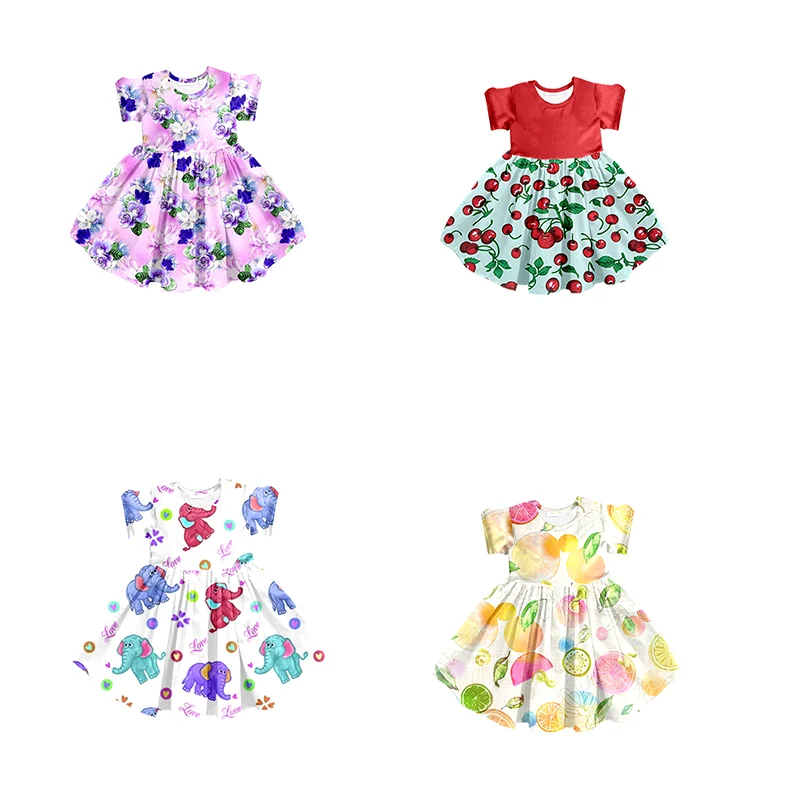 new  customize dress style short sleeve with floral cherry fruit elephant print boutique children clothing