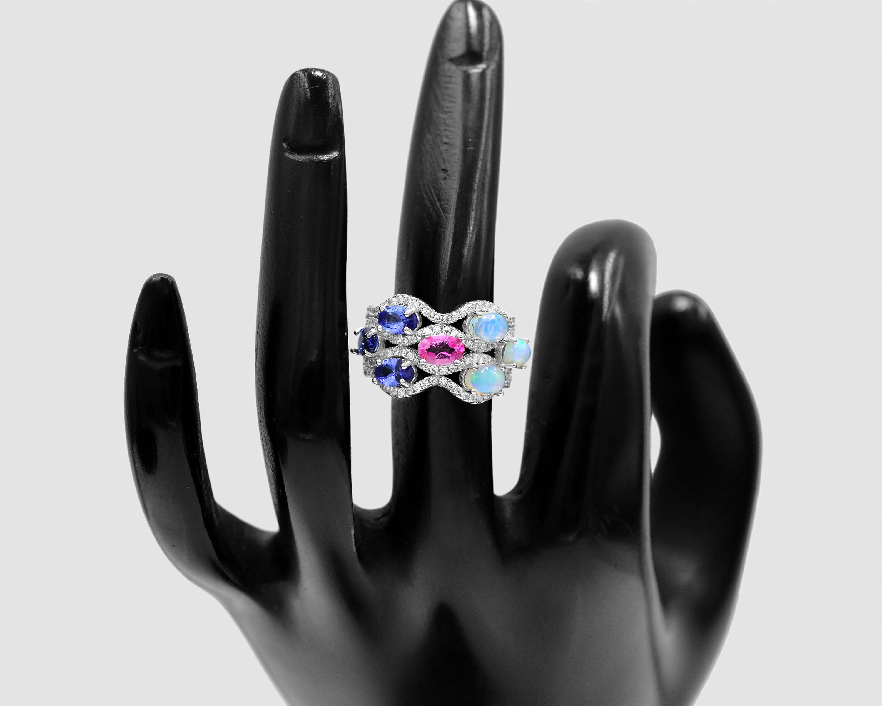 Natural Opal Tanzanite Fire Opal Pink Topaz Oval Multi Gemstone 925 Sterling Silver Cluster Wedding Ring Indian Manufacturer