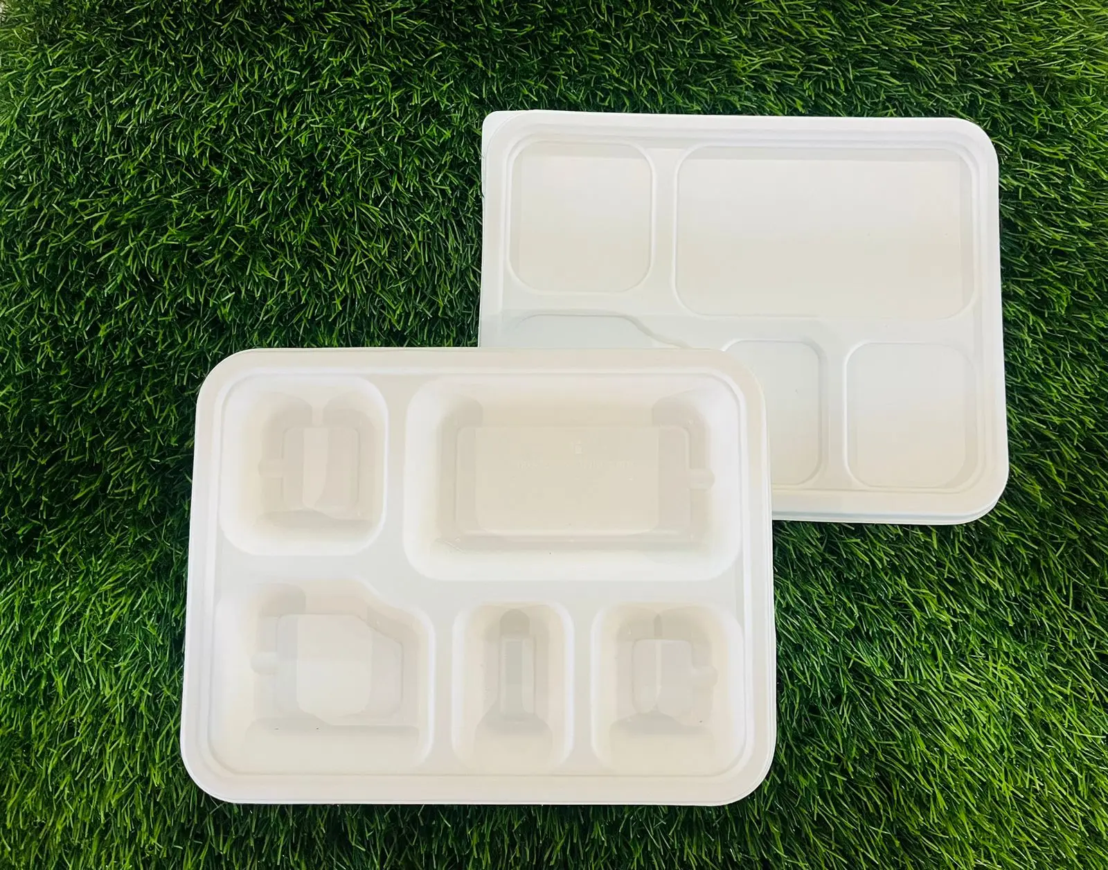 Latest Design With Lids Specially 5 Compartment Sugarcane Bagasse Paper Snacks Plates Lunch Meal and Dinner Tray Plate Warehouse