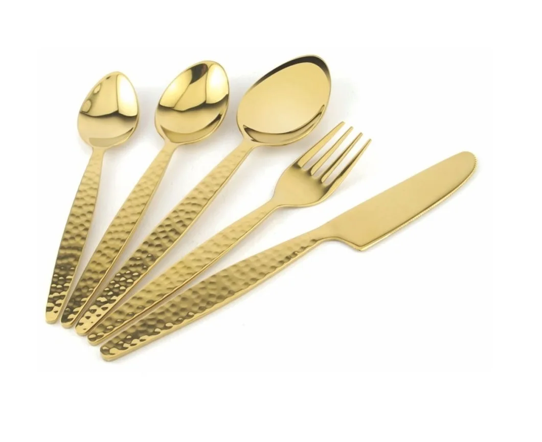Gold Plated Cutlery Set of 5 New Hammered Design Metal Flatware Set For Wedding Used New Metal Cutlery Spoon An Fork