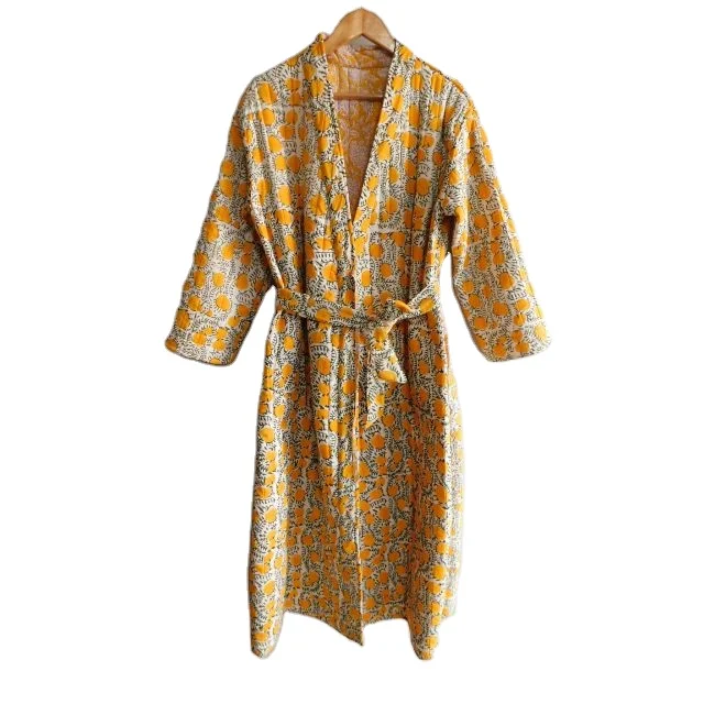Yellow Flower Print Cotton Quilted Kimono Bathrobe Dress Causal Sexy Nightwear Gown Jacket