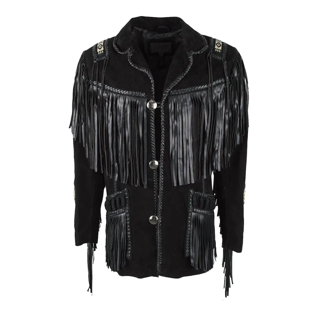 Cheap New Fashion Bones Beads Work Long Fringes Suede Leather men jacket Western Wear Men Cowboy Jacket Coat