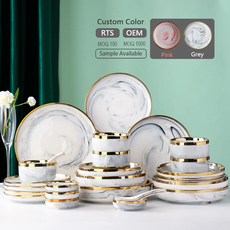 Prato Porcelana Wholesale Dinnerware Sets Elegant Marble Gray Golden Edge Design Ceramic Tableware Set Plate for Kitchen