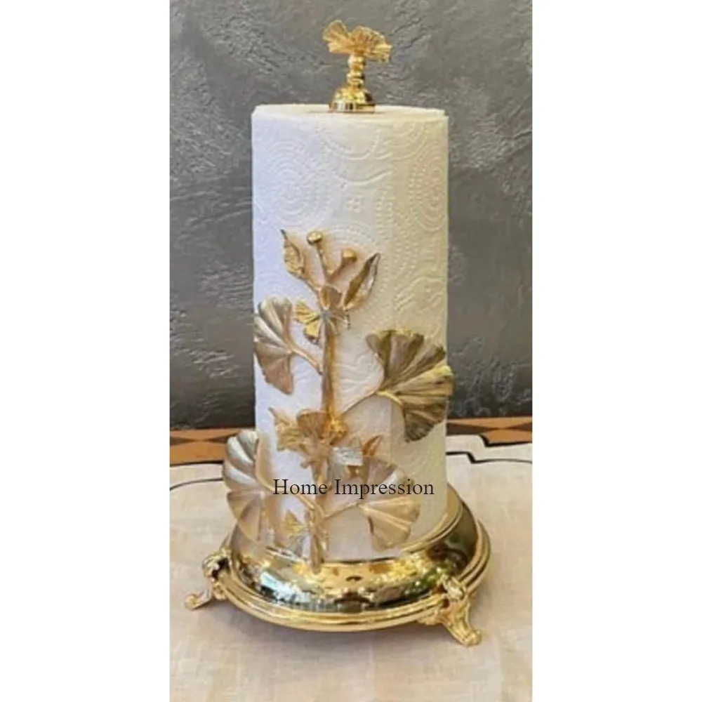 Most Attractive Look Aluminum Casted Gold Plated Gingko Leaves Designer Base Tissue Paper Towel Roll Holder Bathroom Supplies