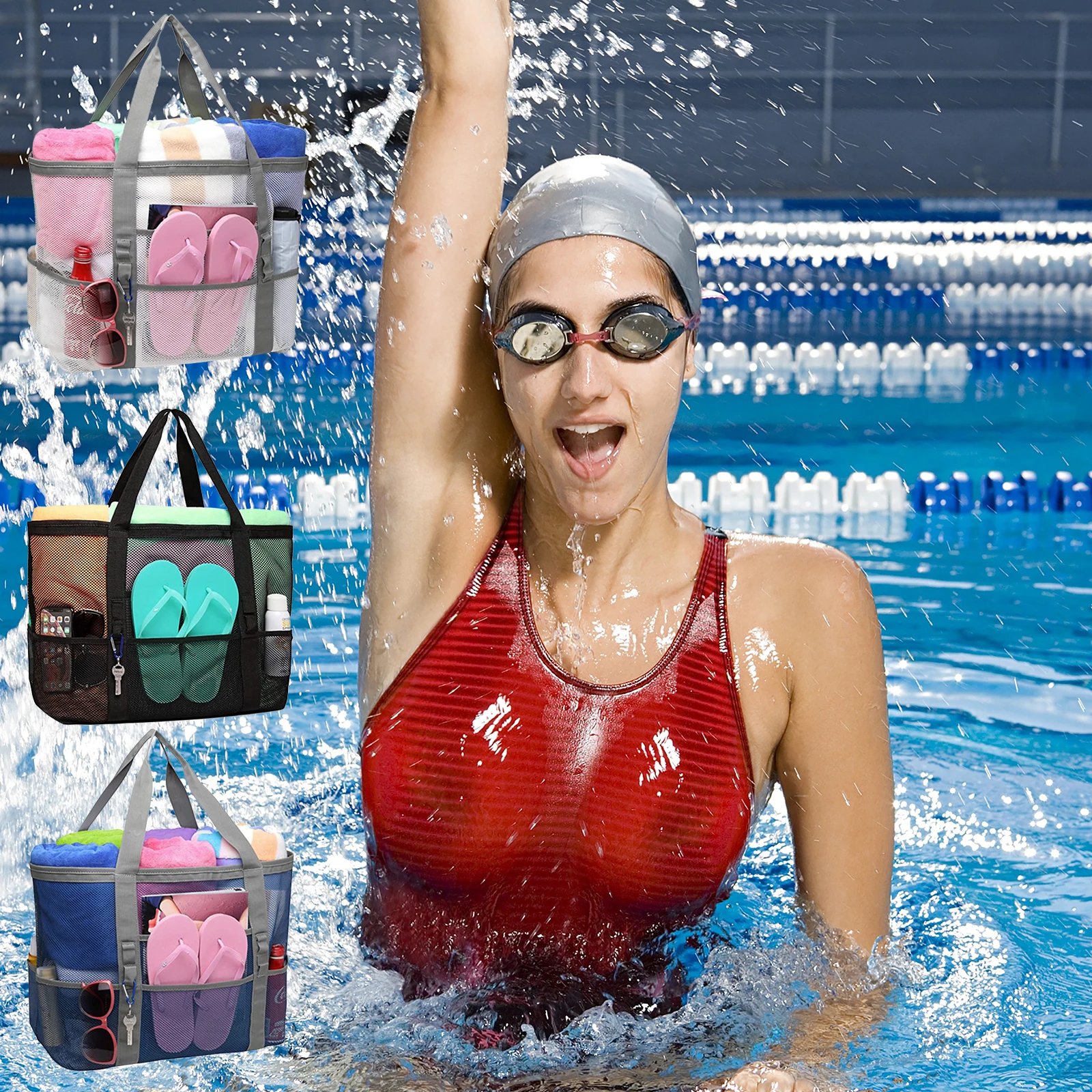 JAKIJAYI Summer Large Tote Bag Portable Comfortable Huge Storage Shoulder Handbag Mesh Beach Bag for Swim Surf