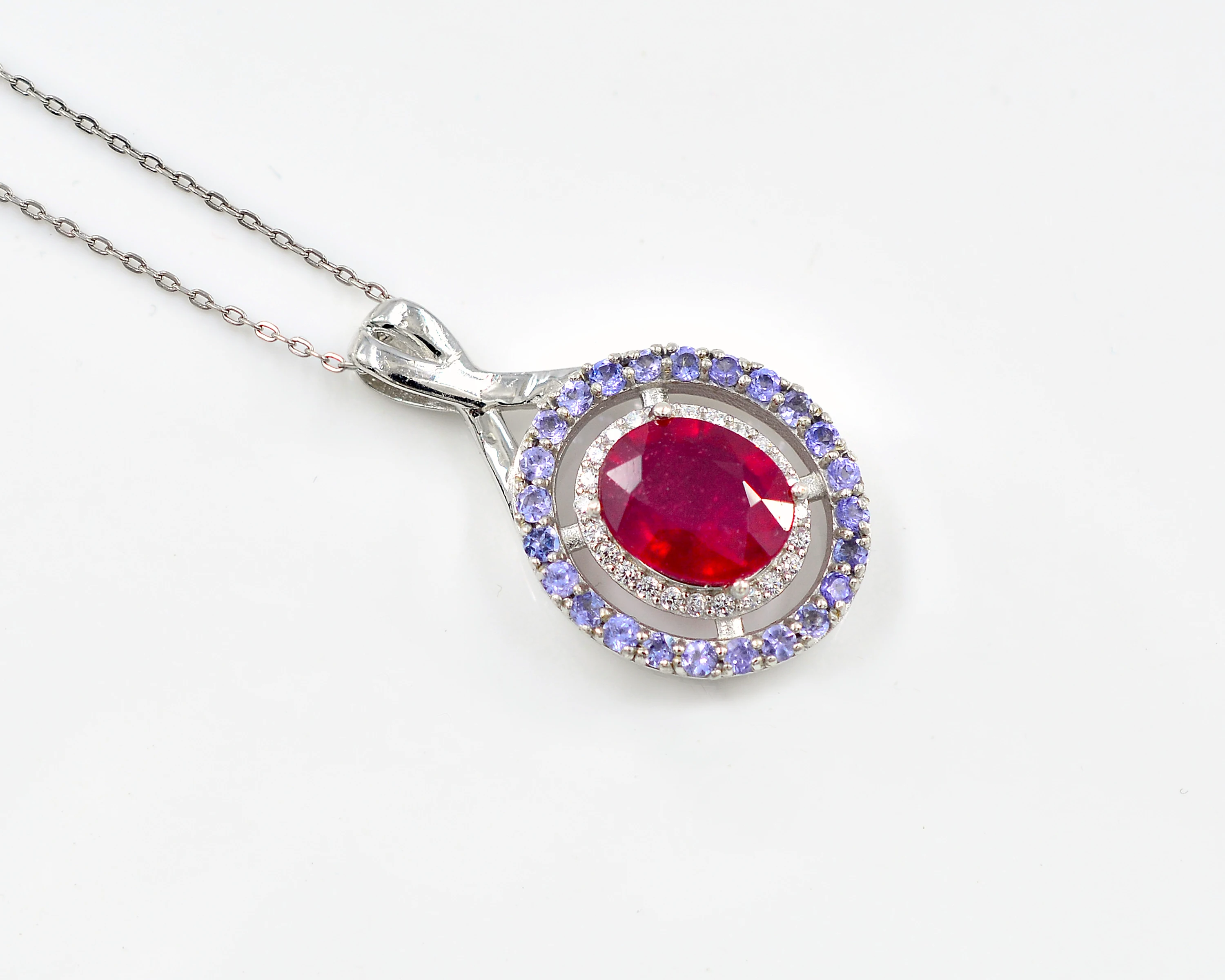 Натуральный рубин и Танзанит, драгоценные камни, ожерелье, цепочка, 925 стерлингового серебра, Свадебный кулон, производство ювелирных изделий