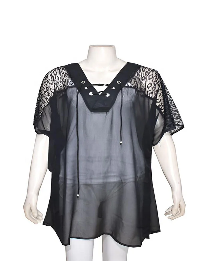 Swimwear Beachwear 2023 swim cover-up with mesh sheer net sleeves sexy back front tie knot pattern beach caftan dress for women